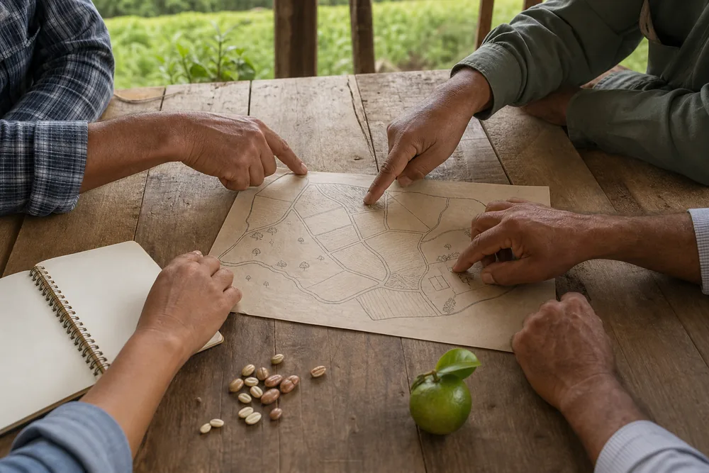 Pessoas planejando ações rurais em conjunto sobre um mapa sem identificação