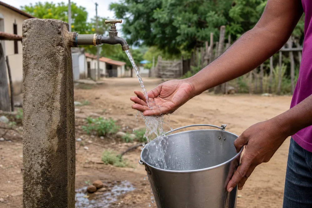 Morador utilizando ponto de água simples em uma comunidade rural