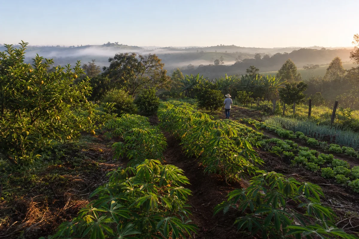 Pequena propriedade rural diversificada com mandioca, frutas e hortaliças